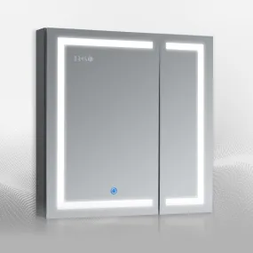 DECADOM LED Mirror Medicine Cabinet Recessed or Surface, Dimmer, Clock, Room Temp Display, Dual Outlets Duna 30x32